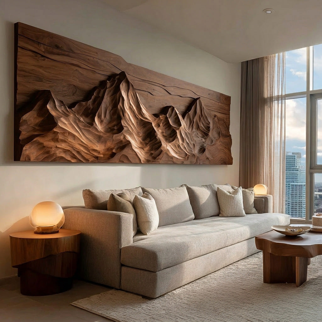 Contemporary Sculptural Wood Wall Art Mountain Design For Living Room
