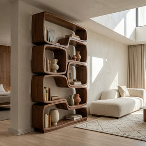 Contemporary Sculptural Natural Wood Bookshelf For Living Room