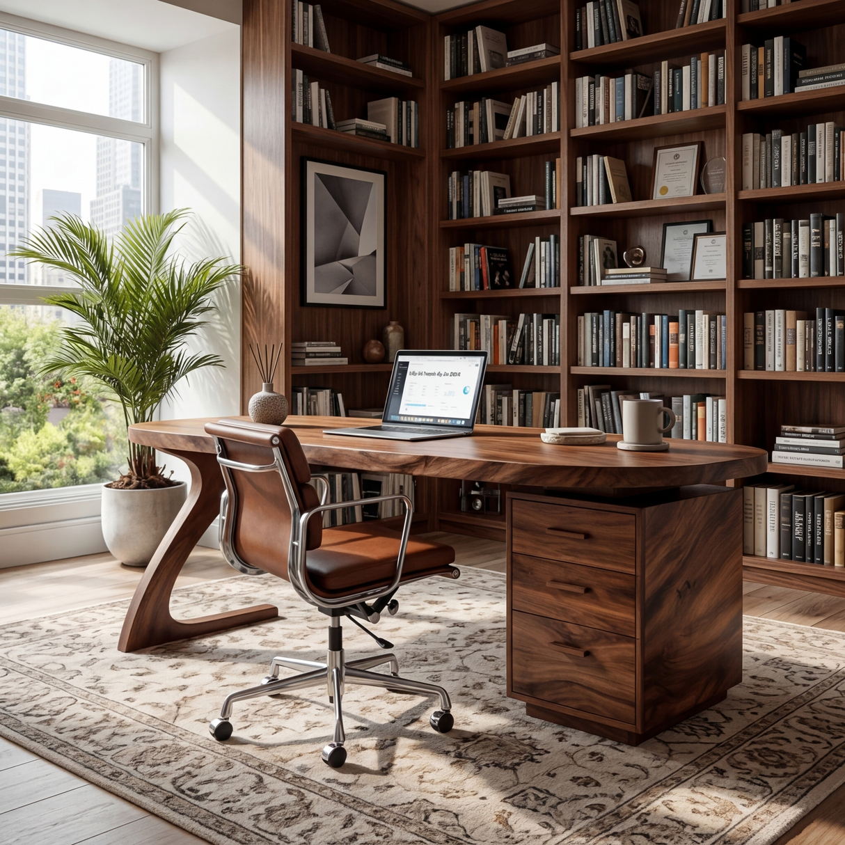 Modern Wooden Desk With Storage Drawers For Home Office