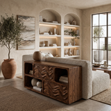 Modern Console Table With Carved Doors And Open Shelves For Entryway