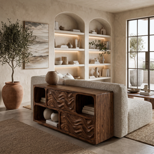 Modern Console Table With Carved Doors And Open Shelves For Entryway