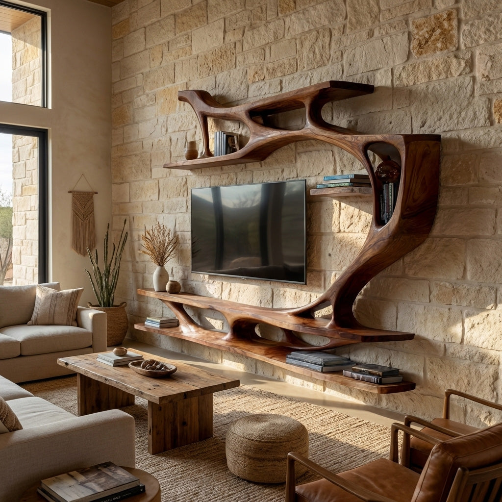 Organic Modern Sculptural Wall TV Shelf For Living Room