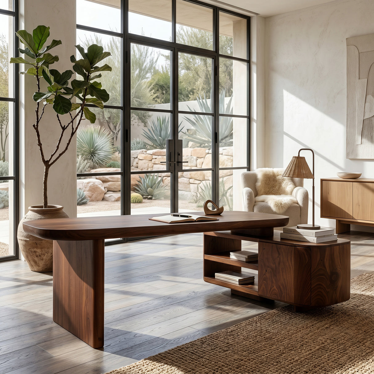 Contemporary Wooden L Desk With Rounded Form For Creative Studio