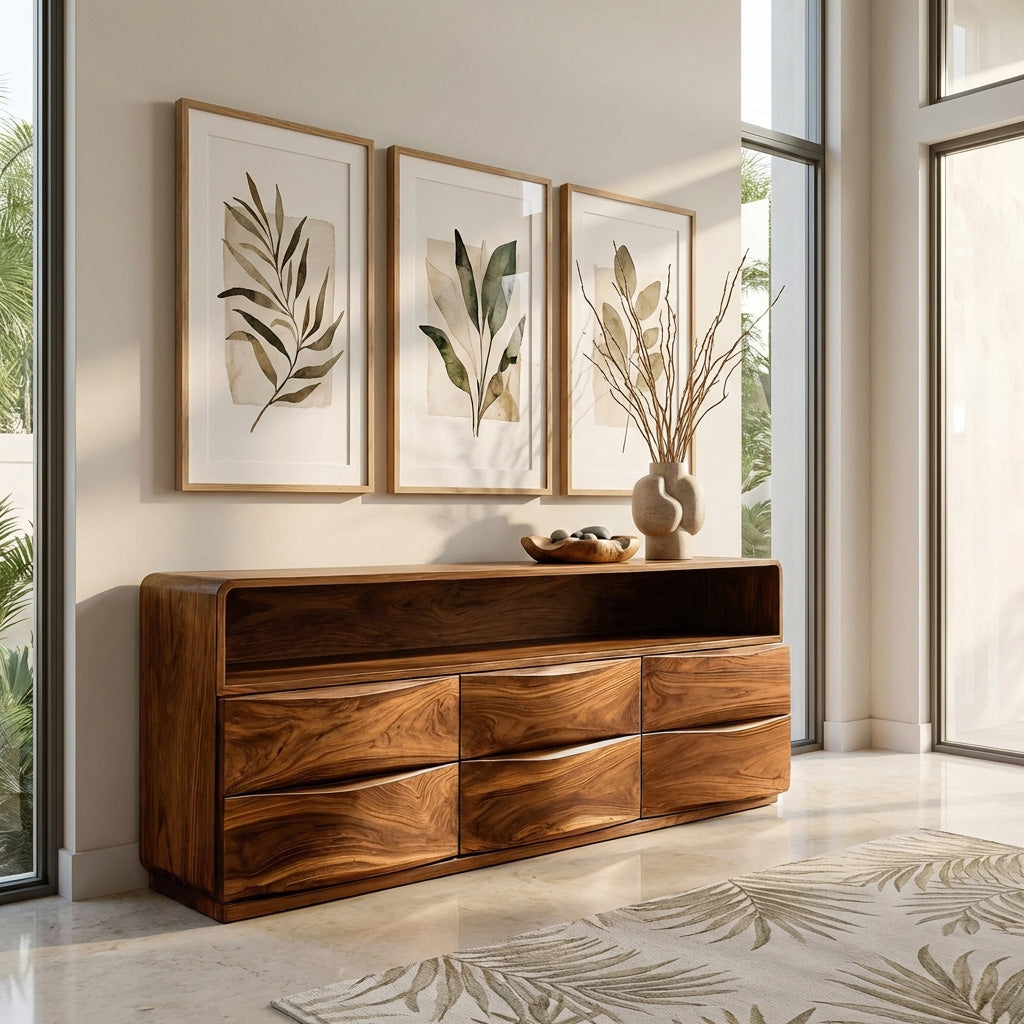 Mid Century Wooden Sideboard With Drawers For Living Room