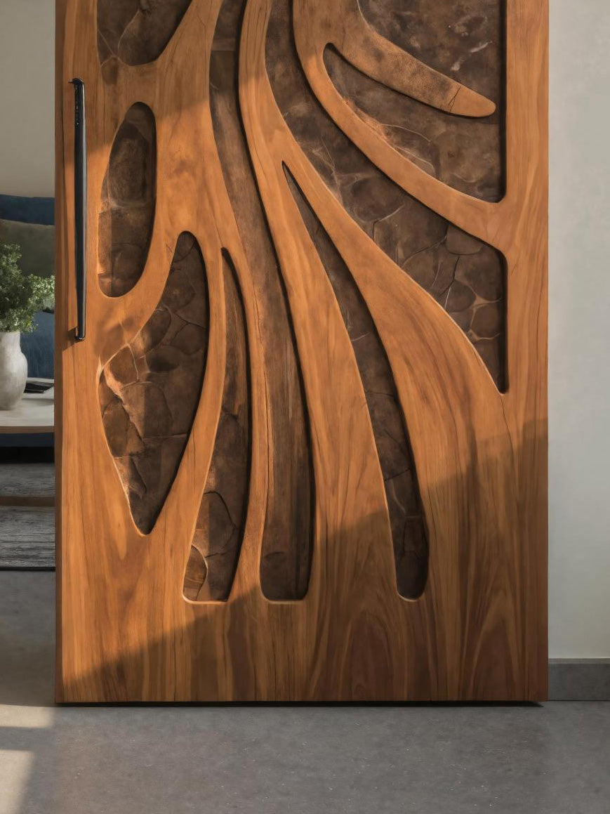 Artistic Sliding Door With Layered Carved Design For Interior