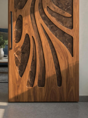 Artistic Sliding Door With Layered Carved Design For Interior