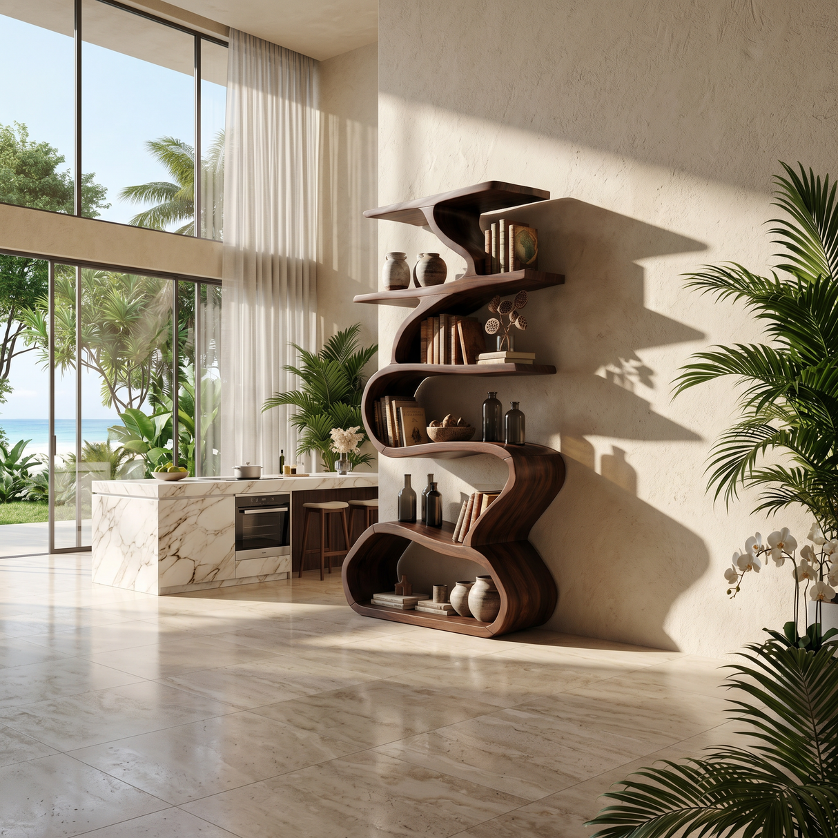 Organic Wooden Wall Bookshelf With Flowing Curves
