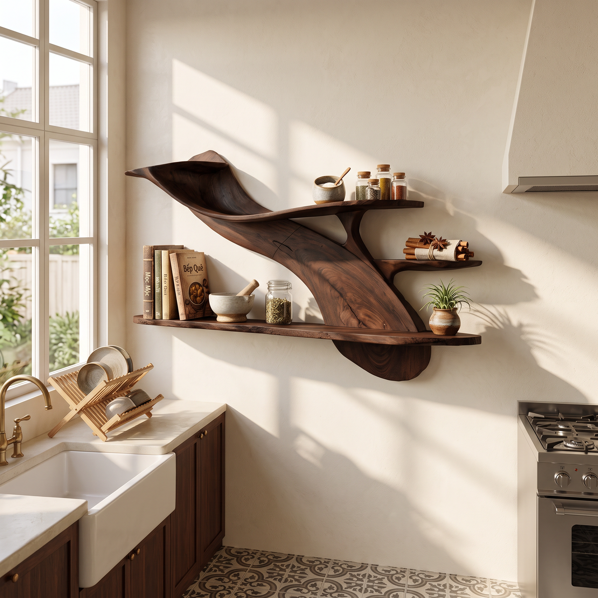 Handcrafted Natural Wood Shelving Unit For Home Library Storage