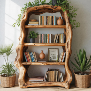 Rustic Sculptural Wooden Bookshelf With Carved Frame For Living Room Or Library