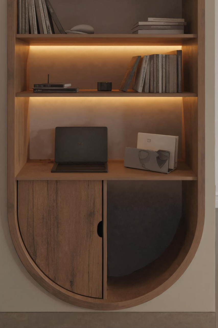 Arched Wooden Wall Bookshelf With Storage For Living Room