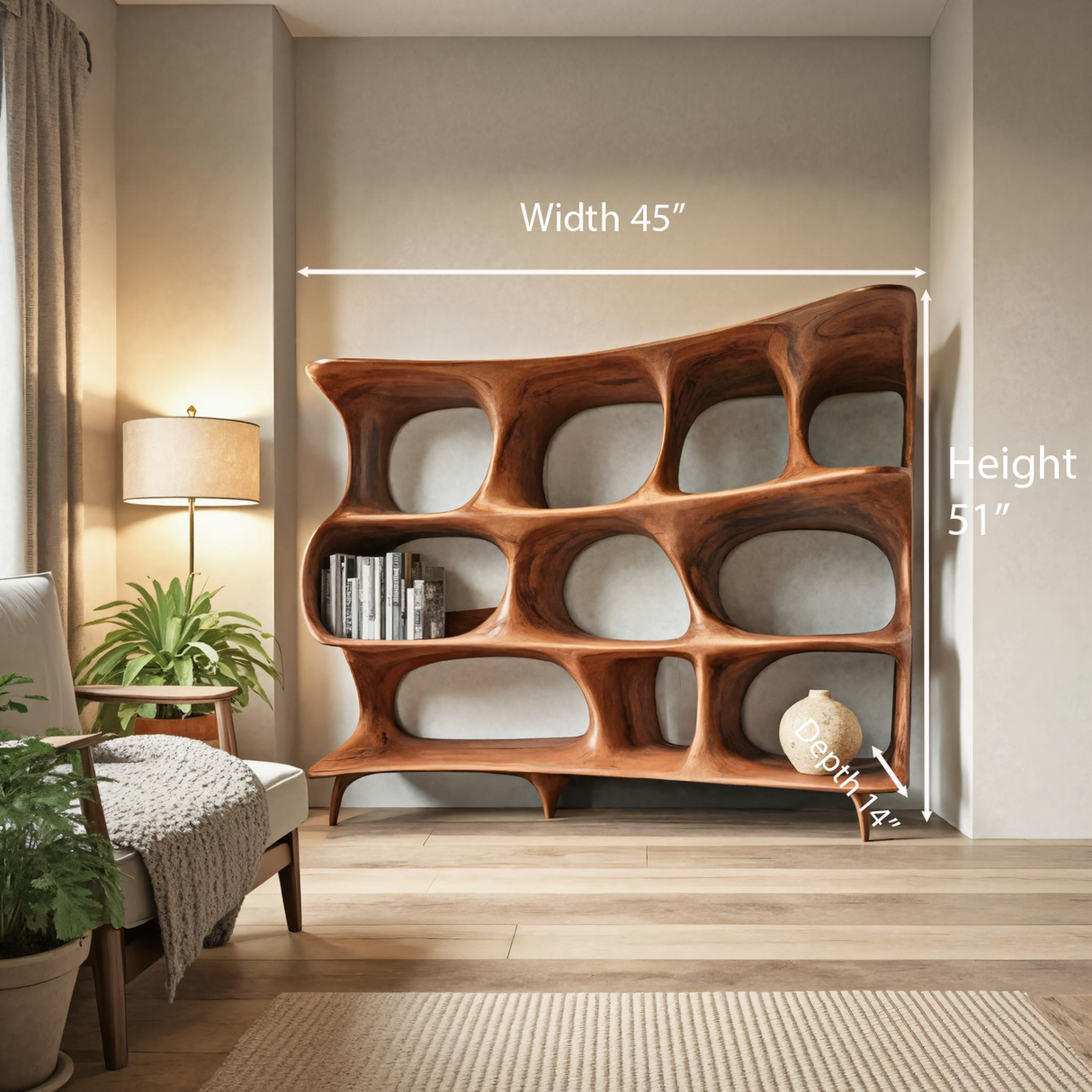 Organic Carved Bookshelf For Living Room Or Office Storage