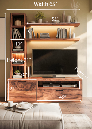 Modern TV Stand With Bookshelf And Lighting For Living Room