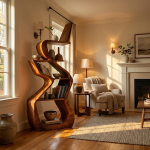 Sculptural Wooden Bookshelf For Living Room Corner