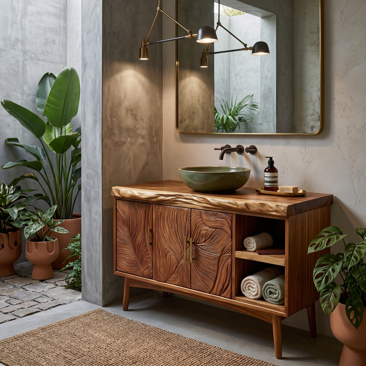 Urban Wooden Sink Vanity With Carved Doors Master Bathroom