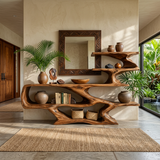Modern Sculptural Wooden Console Table With Open Shelves For Interior