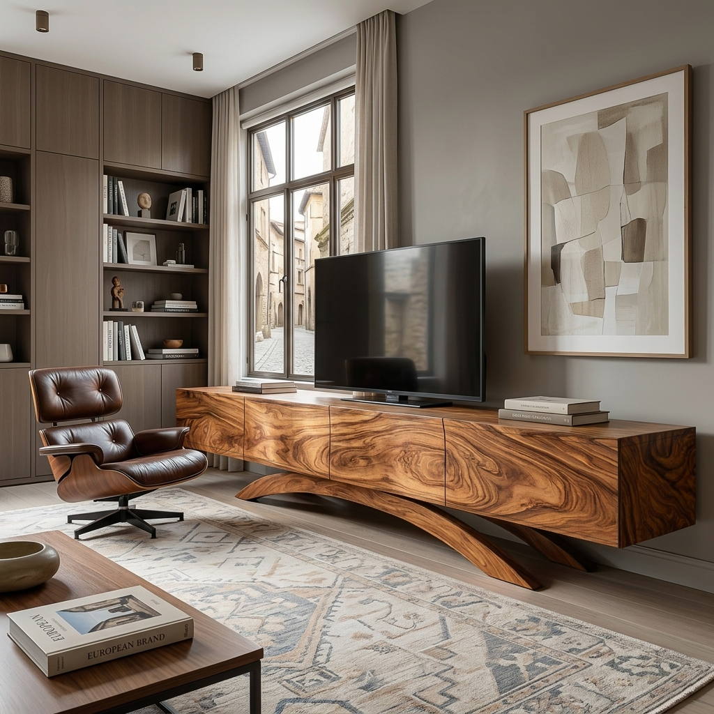 Modern Wooden TV Cabinet With Curved Base For Home Interior
