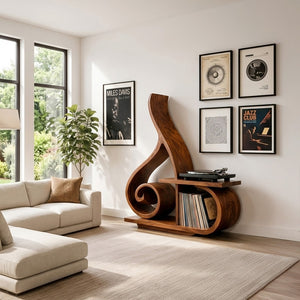 Contemporary Sculptural Wooden Record Player Stand For Living Room