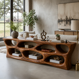 Handcrafted Wooden Console Table With Rounded Open Shelves For Entryway