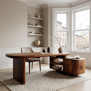 Contemporary Wooden L Desk With Rounded Form For Creative Studio