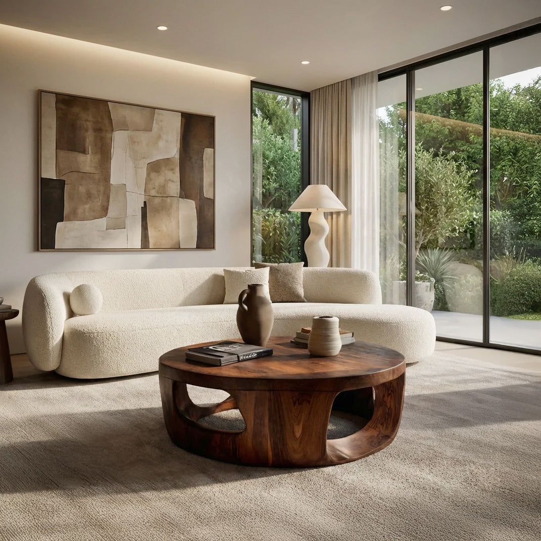 Contemporary Round Coffee Table With Open Cut Base For Living