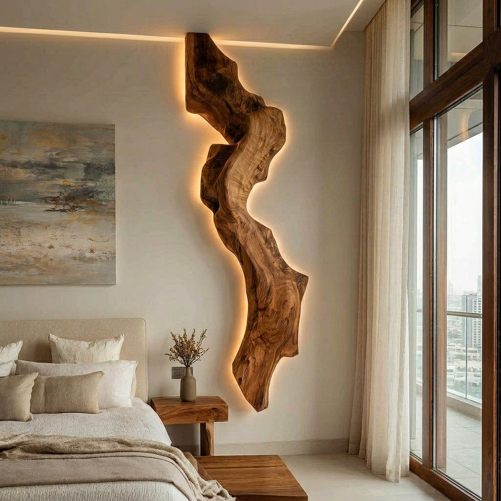 Abstract Live Edge Wall Lamp For Bedroom – ET Woodcrafts