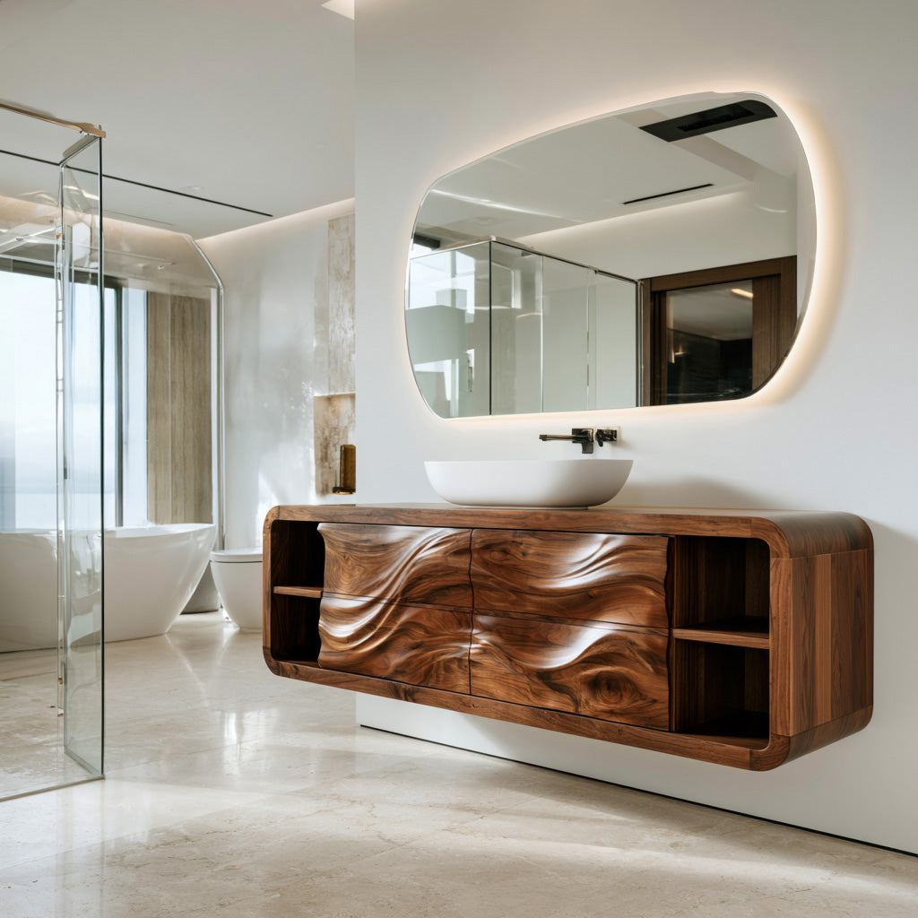 Handcrafted Floating Bathroom Cabinet With Open Shelf Sides For Bathroom