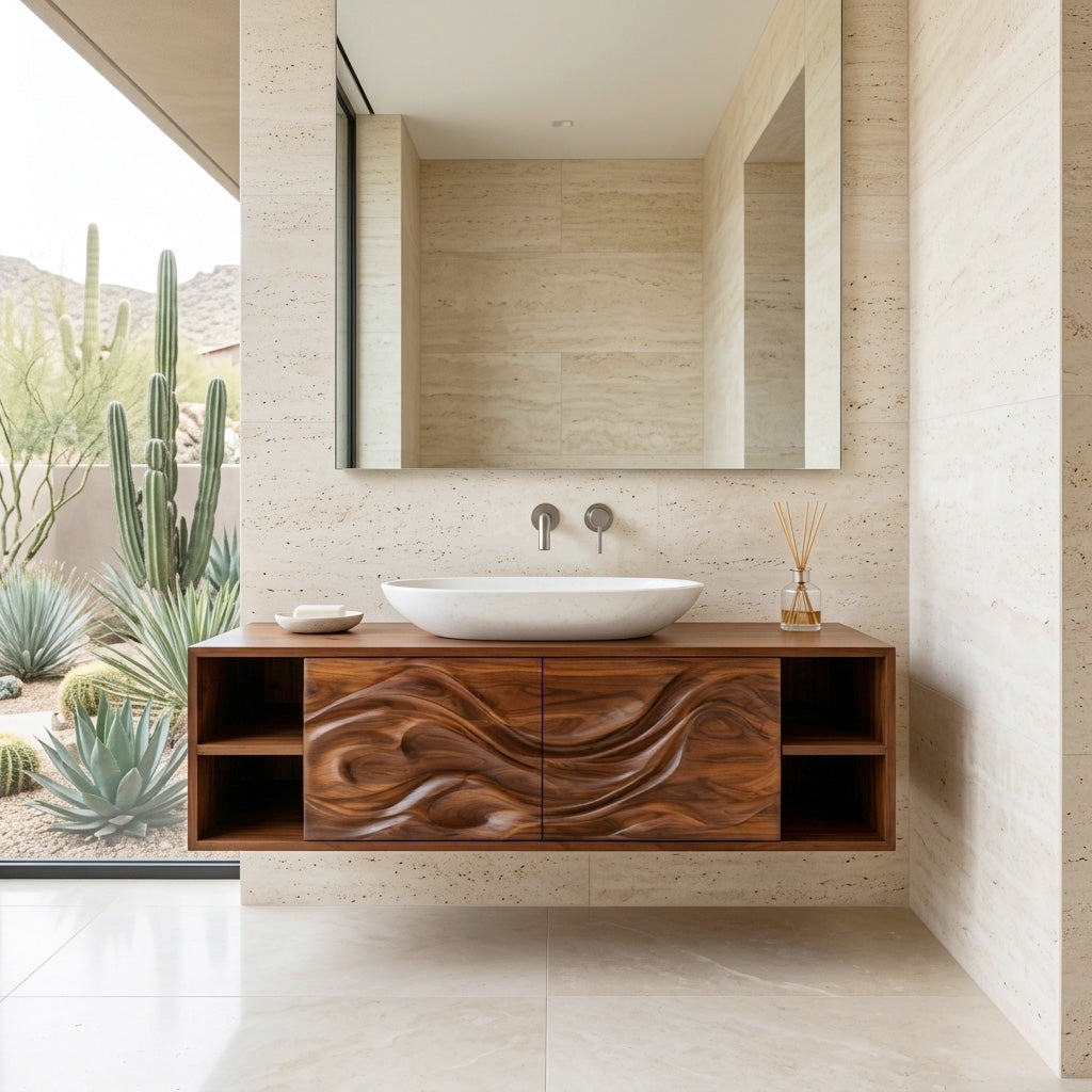 Modern Wave Carved Floating Bathroom Vanity For Designer Bathroom