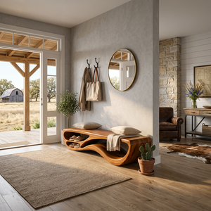 Sculptural Natural Wood Bench With Integrated Shelving For Hallway