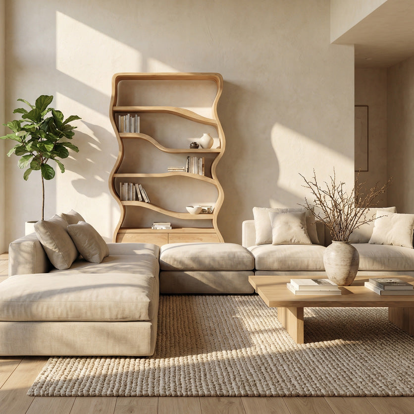 Modern Curved Wooden Bookshelf For Living Room