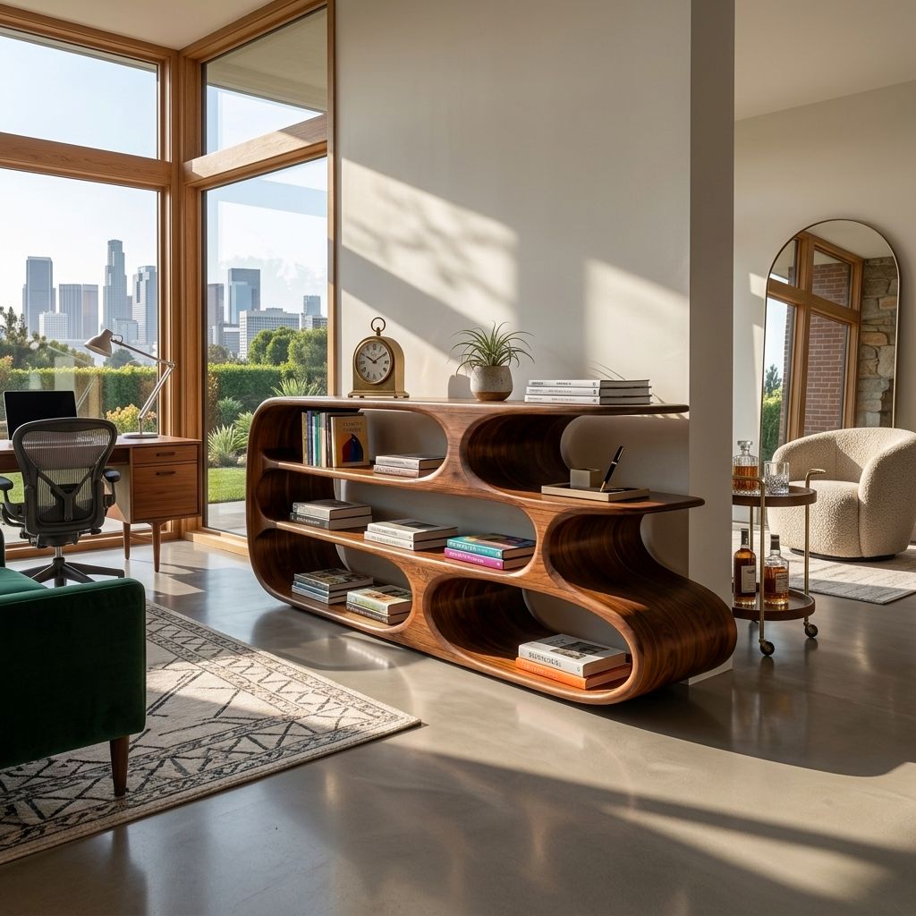 Modern Bookshelf With Sculptural Curves For Living Room Interior