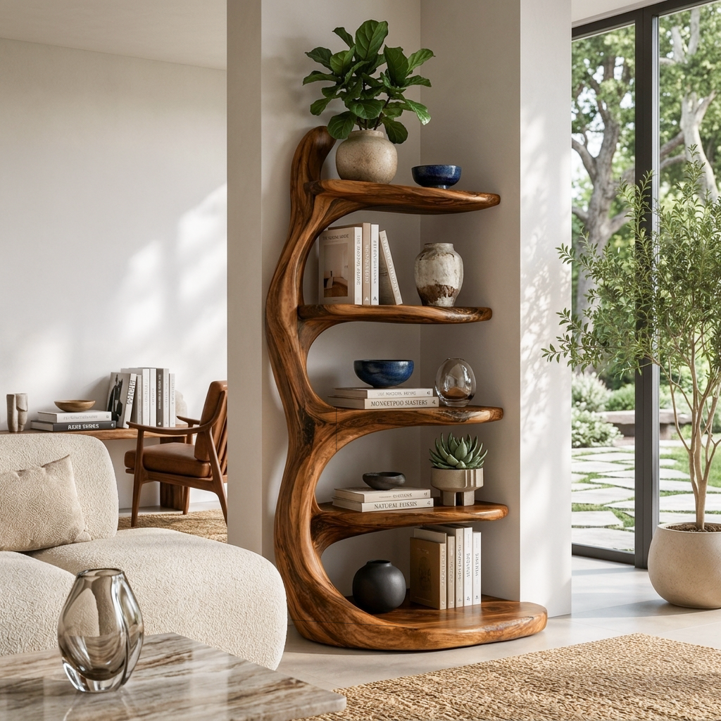 Modern Wooden Bookshelf Biomorphic For Luxury Living Room