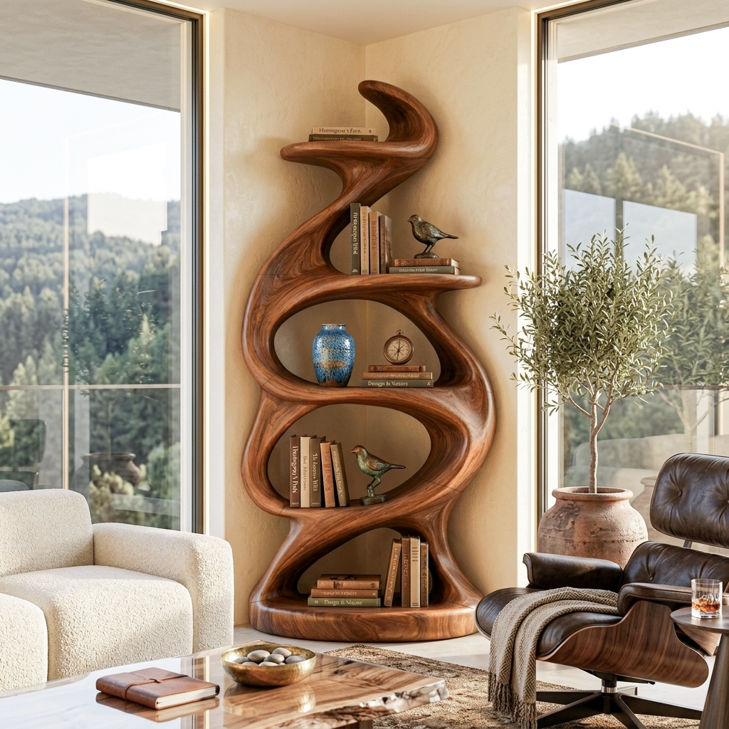 Organic Sculptural Flow Bookcase For Contemporary Home