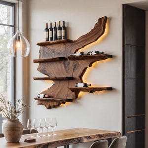 Rustic Live Edge Wine Rack Shelf With LED For Bar