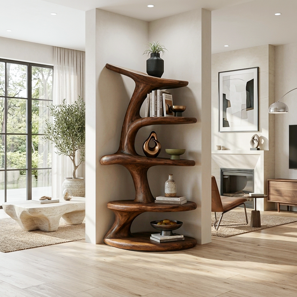 Modern Asymmetrical Sculptural Bookcase For Contemporary Living Room