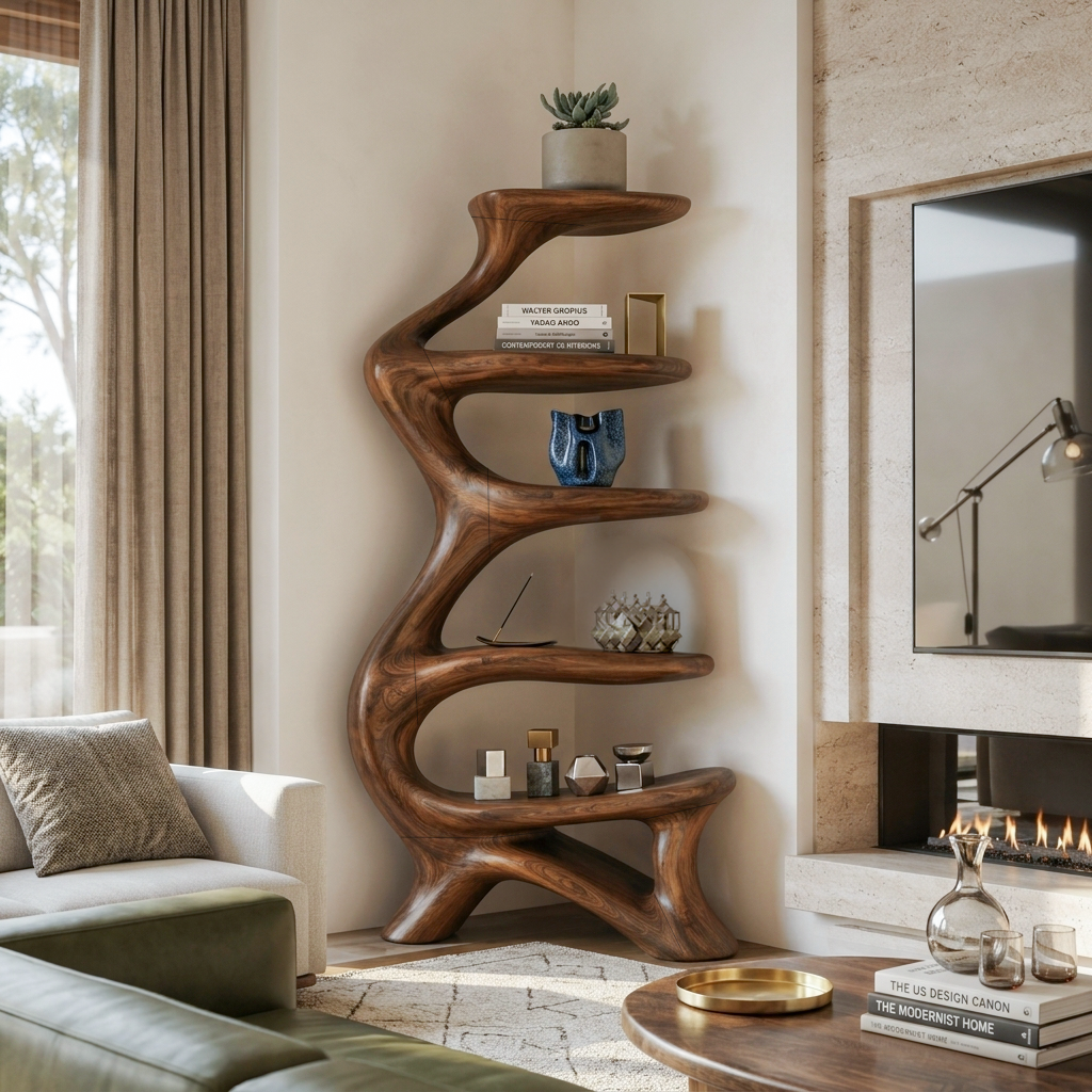Organic Bookshelf Flowing Curved For Luxury Interior