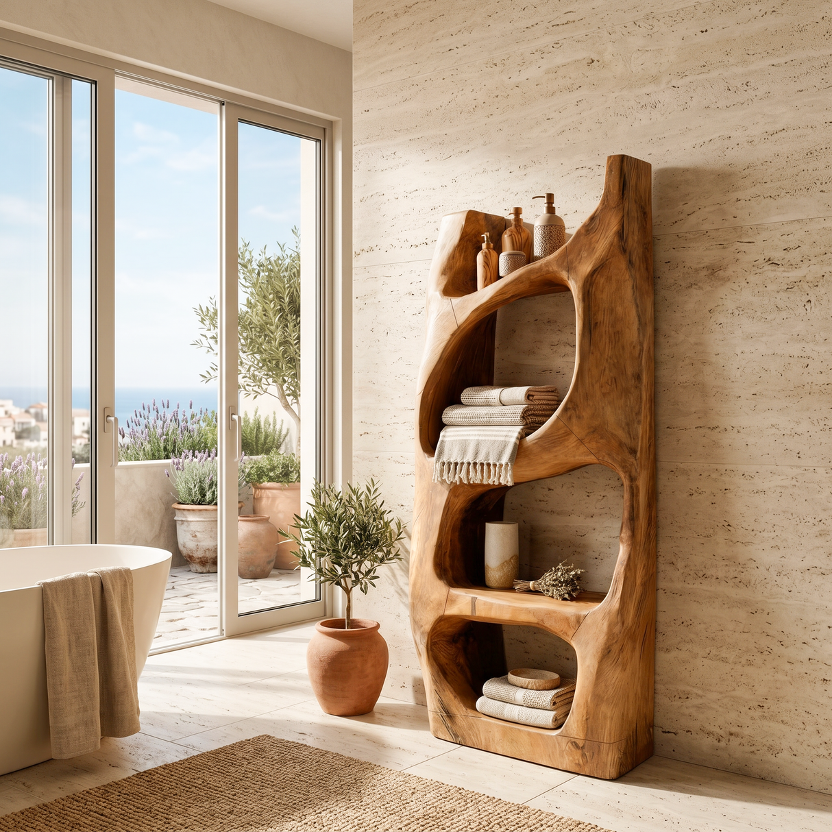 Handcrafted Sculptural Bathroom Shelf For Towels Or Spa Storage