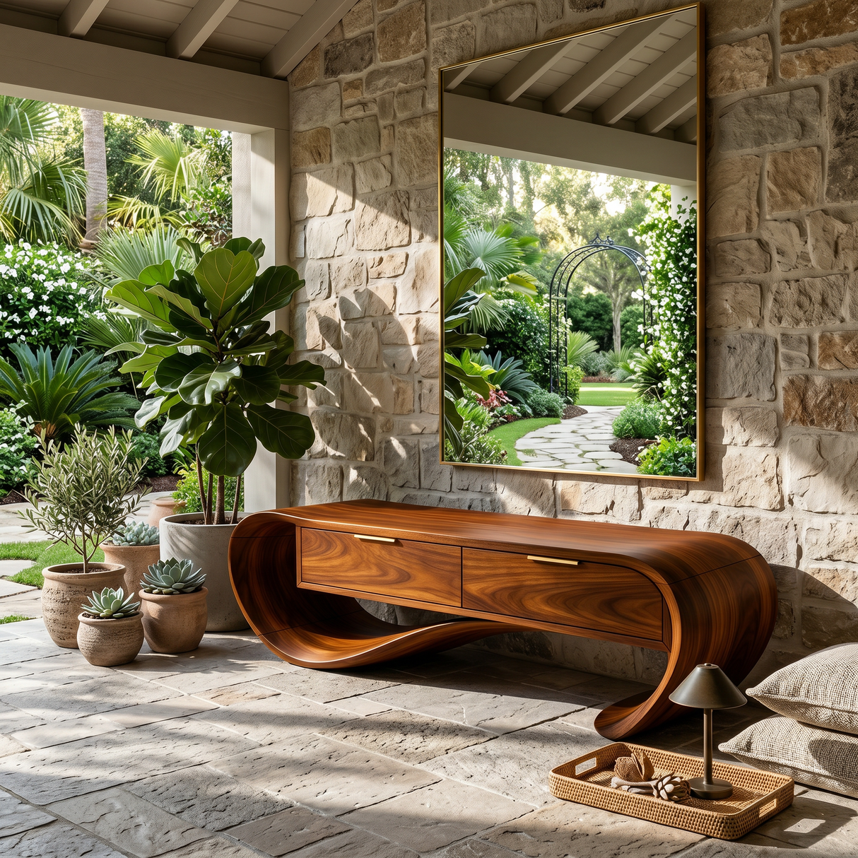 Contemporary Curved Bench With Drawer Storage For Entryway Interior
