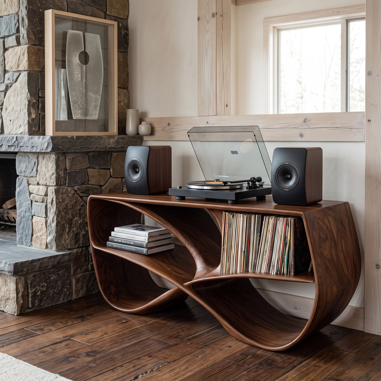 Modern Sculptural Wooden Record Player Console For Living Room