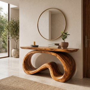 Artistic Wooden Console Table With Flowing Wood Base For Living