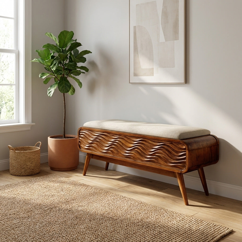 Modern Coastal Carved Storage Bench For Living Room
