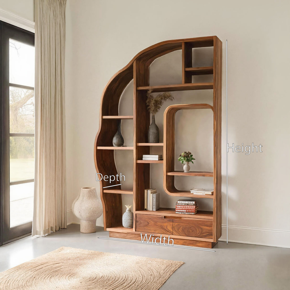 Minimalist Organic Bookshelf With Drawers For Home Decor