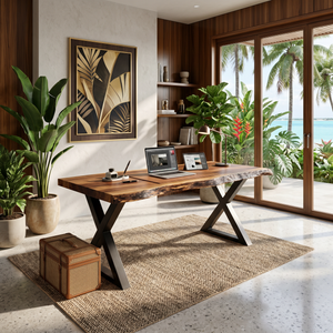 Tropical Computer Desk With Live Edge Top For Home Office