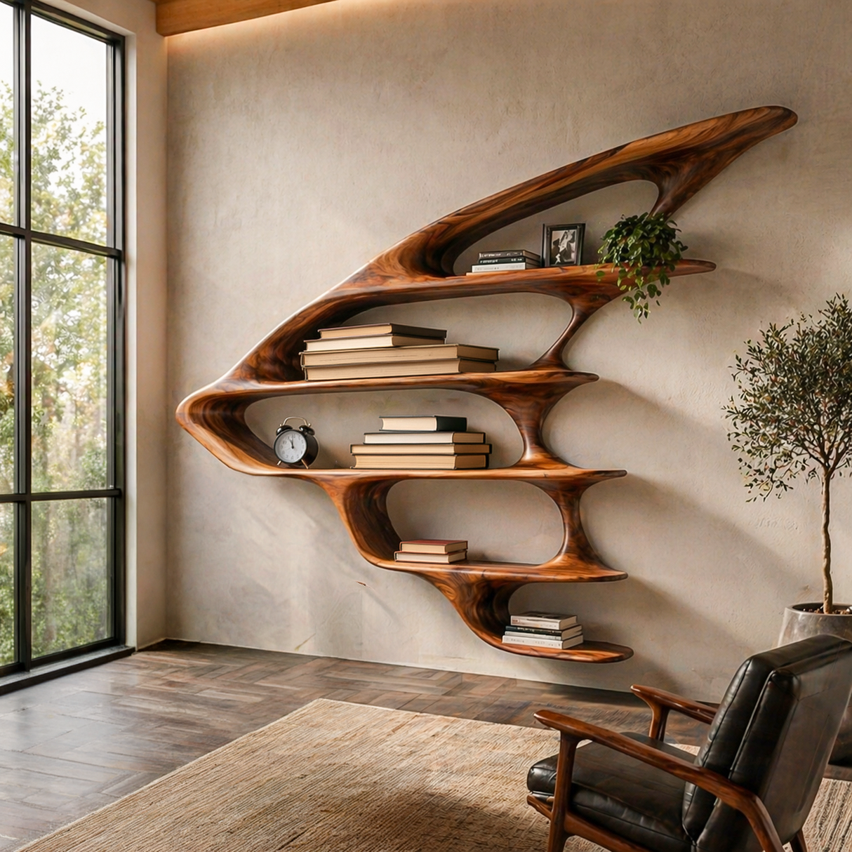 Wooden Floating Bookshelf Unique Design For Living Room Wall