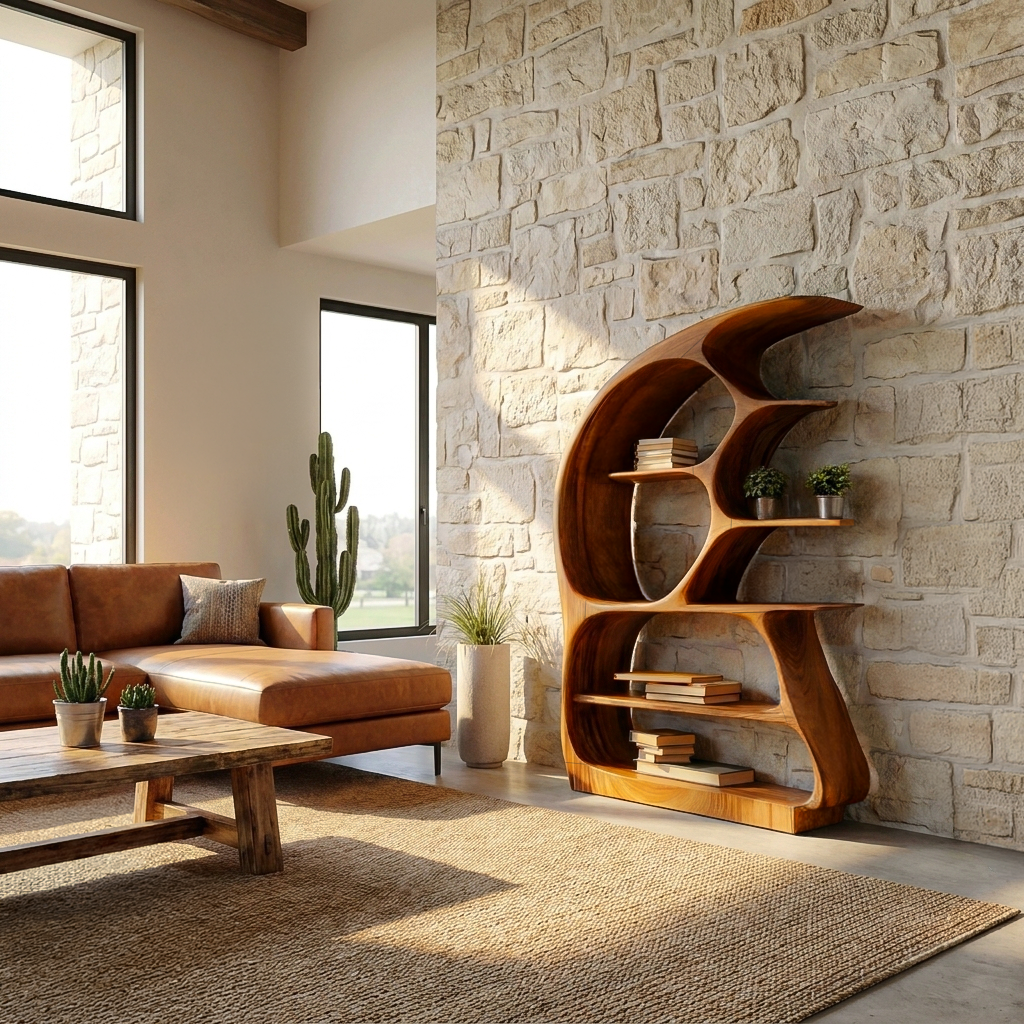 Contemporary Sculptural Wood Bookshelf For Living Room Decor