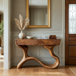 Handcrafted Wood Console Table With Organic Curved Base For Entryway