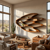 Wooden Wall Bookshelf With Unique Shape For Living Room Wall