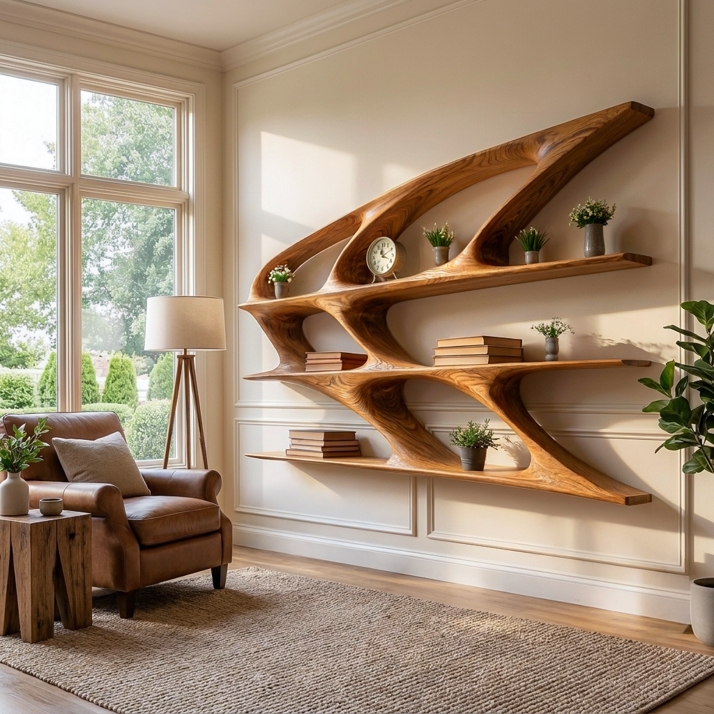 Organic Sculptural Wooden Bookshelf For Living Room Statement