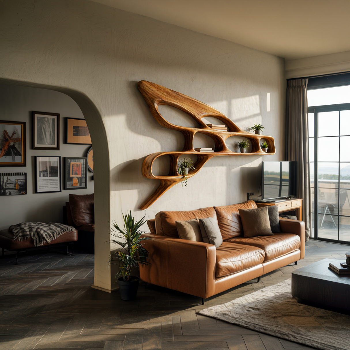 Organic Wooden Wall Bookshelf For Luxury Interior