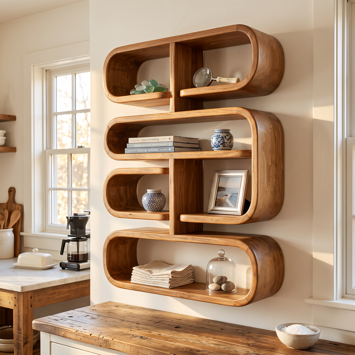 Mid Century Live Edge Display Shelf For Living Room Storage