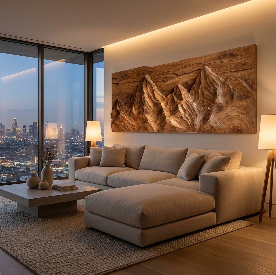 Contemporary Sculptural Wood Wall Art Mountain Design For Living Room